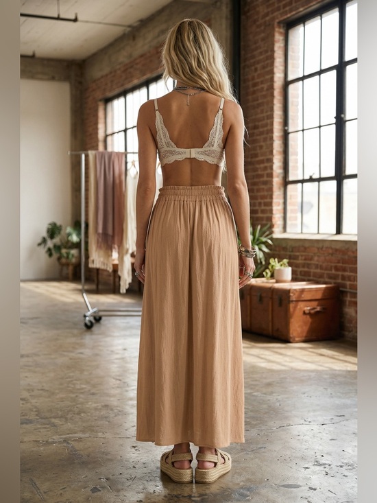 NWT High Double Slit Gauze Crinkle Maxi Skirt Camel - Picture 5 of 6